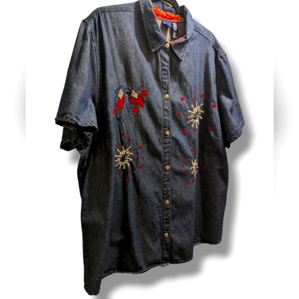 Basic Editions 90's Embroidered Denim Top Short Sleeve Red White Blue July 4- 2X - Picture 2 of 8